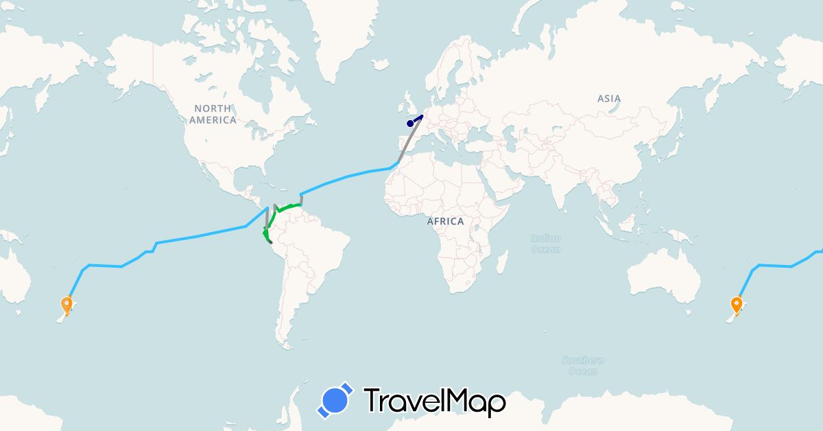 TravelMap itinerary: driving, bus, plane, boat, hitchhiking, motorbike in Cook Islands, Colombia, Dominica, Ecuador, Spain, France, Guadeloupe, Morocco, Martinique, New Zealand, Panama, Peru, French Polynesia, Tonga, Trinidad and Tobago, Venezuela (Africa, Europe, North America, Oceania, South America)